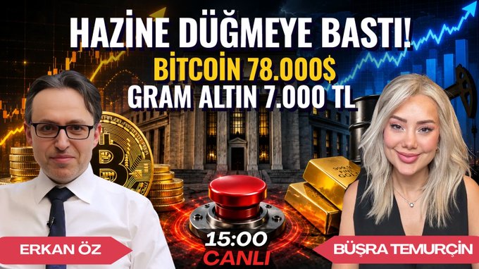 A promotional thumbnail for a Turkish financial live stream titled "HAZİNE DÜĞMEYE BASTI!" (The Treasury Has Pressed the Button!) featuring hosts Erkan Öz and Büşra Temurçin, with key financial figures displayed: Bitcoin at $78,000, Gram Gold at 7,000₺, and Brent oil at $93, scheduled for August 21 at 15:00.