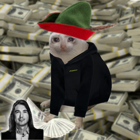 A surreal image of a white cat wearing a black hoodie and a green/red festive hat, sitting atop piles of banded US dollar bills, with a small portrait of a bearded man holding a fan of cash in the corner.