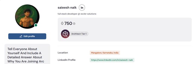 A LinkedIn profile for 'saieesh naik' shows him as a full stack developer at exceler solutions in Mangalore, Karnataka, India, with 750 followers and an 'Architect Tier I' badge.