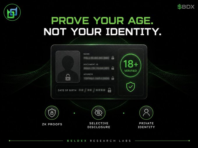 A digital age verification advertisement reading 'PROVE YOUR AGE. NOT YOUR IDENTITY.' by Beldex Research Labs ($BDX), highlighting features like ZK Proofs, Selective Disclosure, and Private Identity with an '18+ VERIFIED' graphic.