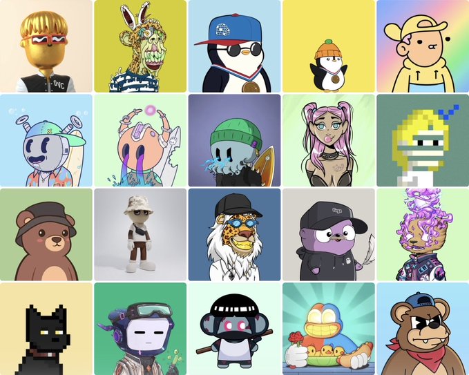 A 4x5 grid collage of 20 NFT-style cartoon character avatars featuring various designs including bears, penguins, leopard-print figures, pixelated characters, and other unique digital art pieces on colorful backgrounds.