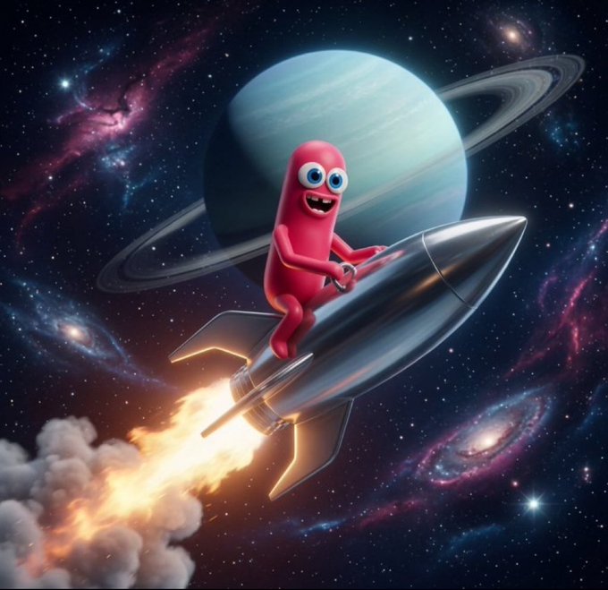A pink cartoon character rides a rocket through a colorful galaxy featuring a large ringed planet.
