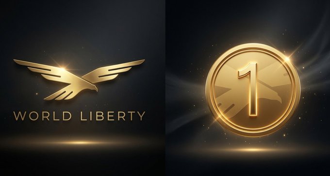 A split-screen golden emblem showcases the "World Liberty" eagle wing logo on the left alongside a glowing "$1" coin on the right, symbolizing the WLFI token's substantial revenue generation and valuation. The imagery reinforces the post's claim of over $500 million in 2025 revenue from WLFI token and stablecoin activity, emphasizing the project's scale and financial strength.