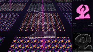 A dark digital interface displays vibrant, multicolored data visualizations alongside a bright pink symbol resembling a stylized Greek letter omega, with smaller grayscale graphics on the right.