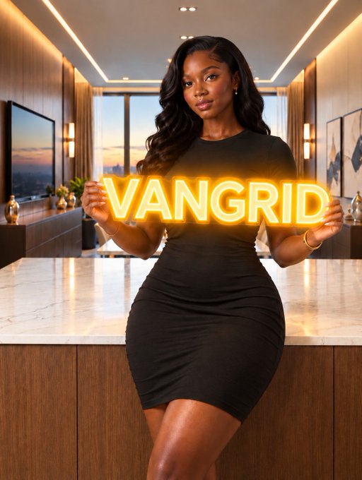 A woman in a fitted black dress standing in a modern luxury interior, holding glowing orange 'VANGRID' text in her hands.