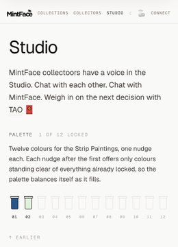 A webpage screenshot from MintFace for the 'Studio' collection, showing that one of twelve color palettes for Strip Paintings has been locked.