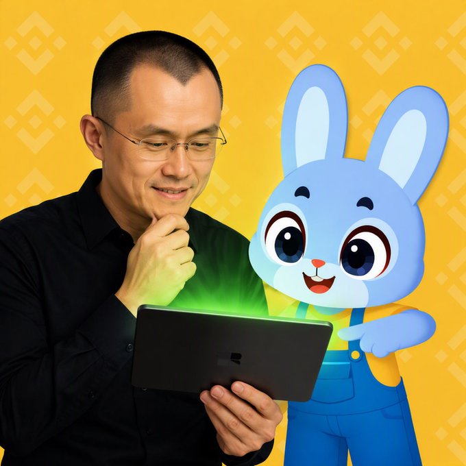 A promotional image showing a smiling man with glasses looking at a tablet emitting green light, alongside the Binance mascot against a yellow Binance-patterned background.