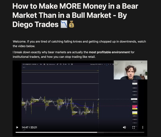 A thumbnail for a 23-minute video titled "How to Make MORE Money in a Bear Market Than in a Bull Market" by Diego Trades, featuring a BTC/USDT chart alongside a small webcam feed of the creator, promoting the post's claim about outperforming Bitcoin by 60% in a bear market and directing viewers to a free Telegram channel.