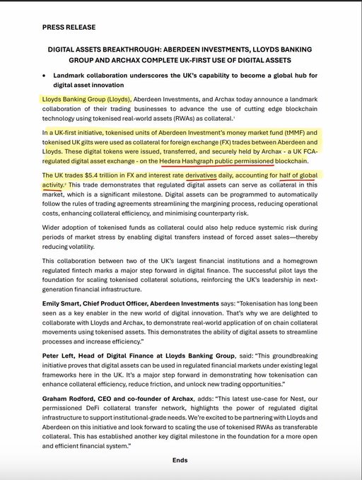 This image shows a press release titled "DIGITAL ASSETS BREAKTHROUGH: ABERDEEN INVESTMENTS, LLOYDS BANKING GROUP, AND ARCAH COMPLETE UK-FIRST USE OF DIGITAL ASSETS," detailing a landmark collaboration where tokenised units of Aberdeen Investments' money market fund (£MMF) and tokenised U.K. gilts (£5.4 trillion in FX trades) were used as collateral for trades between Lloyds and Archax on the Hedera Hashgraph public permissioned blockchain, with the accompanying post reinforcing the connection to "Lloyd's Bank HBAR Documented."