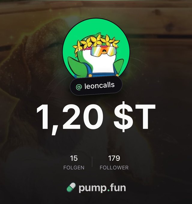 A social media profile for @leoncalls on pump.fun showing a market cap of $1.20T, with 15 following and 179 followers, featuring a cartoon frog character with sunglasses and a flower crown.