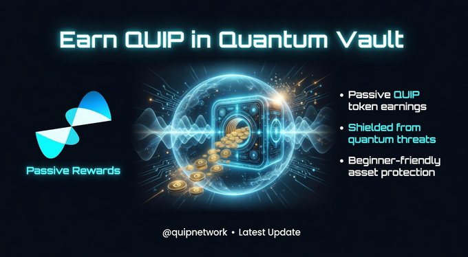 The image features a blue and green design with a gold coin at its center. The text "Earn Quip in Quantum Vault" is displayed above the coin, while the phrase "Passive Rewards" is below it. Below this, there are three lines of text that provide information about earning Quip in Quantum Vault: "Passive rewards", "Shared from Quantum threats", and "Beginner-friendly asset protection". The image also includes a small blue circle with gold coins inside, which could be interpreted as an illustration or representation of the coin.