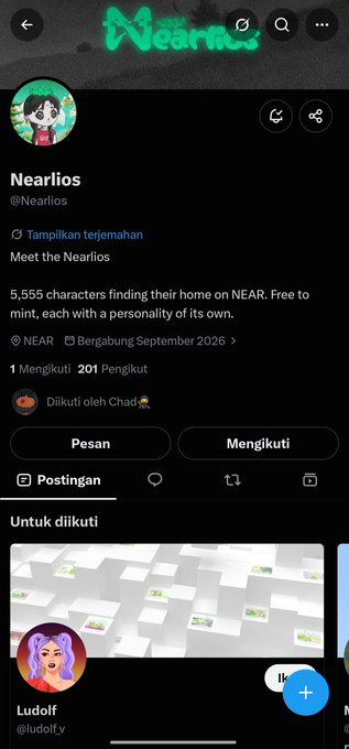 A mobile screenshot displays the Twitter/X profile for 'Nearlios' (@Nearlios), describing it as a collection of 5,555 characters finding their home on NEAR.