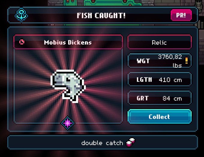 A pixel art game screen celebrates 'FISH CAUGHT!' showing a 'Mobius Dickens' relic fish weighing 3760.82 lbs, measuring 410 cm in length and 84 cm in girth, with a 'double catch' notification.