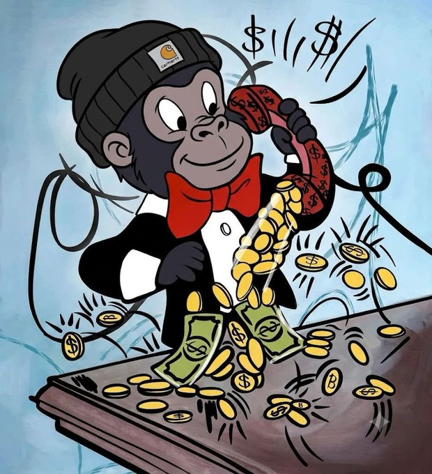 This image depicts a cartoon monkey, dressed in a tuxedo and beanie, holding a phone that is showering with coins and bills, symbolizing wealth and a bonus hunt.