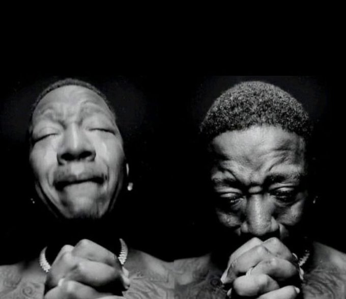 A black-and-white composite image shows two men with closed or downcast eyes, one with tears streaming down his face, both appearing emotional with their hands clasped near their mouths.