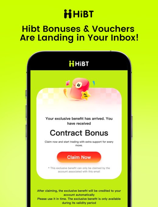 Mobile promotional graphic from HiBT announcing 'Hibt Bonuses & Vouchers Are Landing in Your Inbox!' featuring a smartphone screen showing a 'Contract Bonus' claim notification.