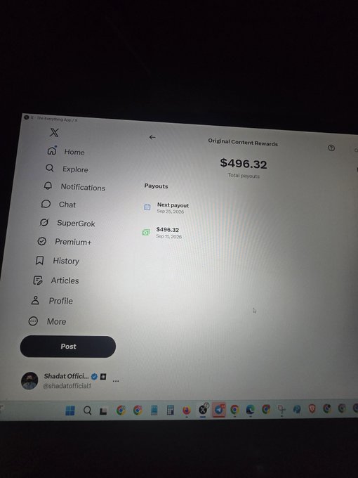 The image shows a computer monitor displaying the X (formerly Twitter) "Original Content Rewards" page, confirming a total payout of $496.32, which visually supports the post celebrating the creator's earnings from the platform.