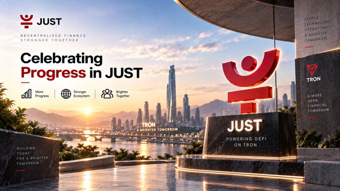 A promotional graphic displays 'JUST' and 'TRON' branding with the text 'Celebrating Progress in JUST', 'DECENTRALIZED FINANCE STRONGER TOGETHER', and 'JUST POWERING DEFI ON TRON' against a futuristic cityscape.