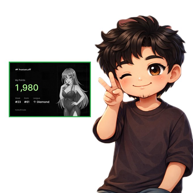 A cheerful anime-style character flashes a peace sign next to a Hotstuff trader profile card displaying "1,980 My Points," "Week #23," "Rank #61," and "Diamond" league status, visually reinforcing the post's message about his weekly points ranking on @tradehotstuff.