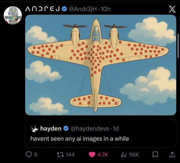 A tweet from @hayden (@haydendevs) reads 'havent seen any ai images in a while' below an AI-generated image of a pizza-themed airplane flying through clouds.