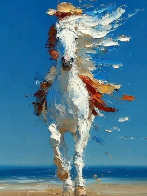 An impressionistic oil painting depicts a white horse galloping on a sandy beach, rendered with thick, textured brushstrokes of white, orange, and brown against a deep blue sky and ocean backdrop.