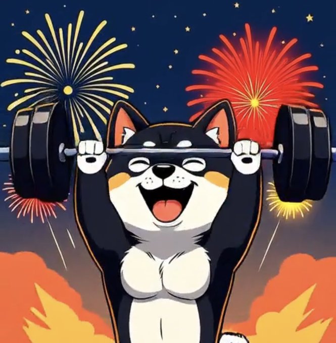 An illustration of a muscular Shiba Inu dog happily lifting a heavy barbell against a backdrop of colorful fireworks bursting in a starry night sky.