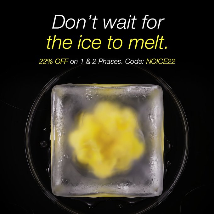 A square ice cube with a yellow star shape frozen inside sits on a black plate, paired with the headline "Don't wait for the ice to melt." The ad promotes a 22% discount using code "NOICE22" on 1 & 2-Phase accounts, with the melting ice visually reinforcing the urgency of the limited-time offer before a "big reveal."