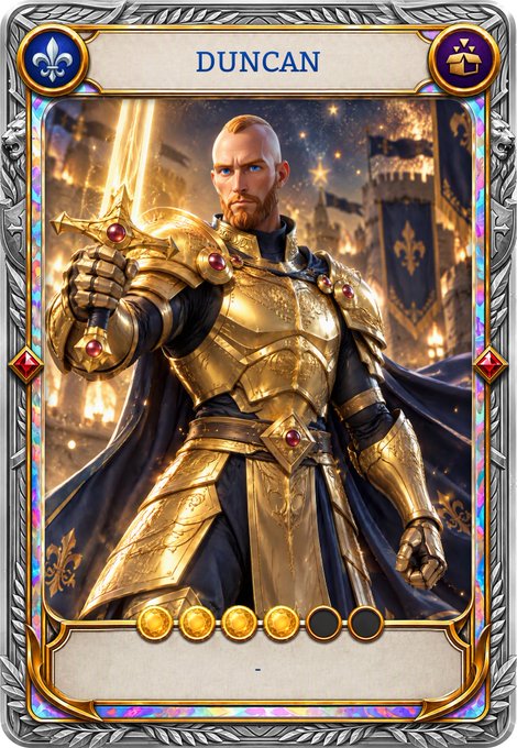 A fantasy trading card titled 'DUNCAN' depicts a blonde, blue-eyed warrior in ornate golden armor holding a glowing sword, with a castle and fleur-de-lis banners in the background. The card features a rating of three out of five gold coins.