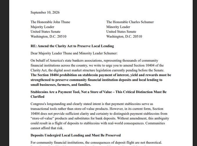 A September 10, 2026 letter from America's state bankers associations addressed to Senate Majority Leader John Thune and Minority Leader Charles Schumer urges amending Section 10404 of the Clarity Act to preserve community financial institution deposits and local lending, arguing that stablecoins are payment tools rather than stores of value. The image illustrates the banking industry's call for tighter stablecoin yield bans, aligning with POLITICO's reporting that major banking associations are pushing the Senate to close loopholes in the Clarity Act that could otherwise lead to deposit flight from community banks.