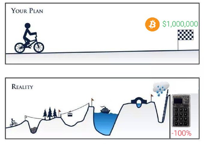 The image contrasts "Your Plan" showing a smooth bike ride toward a Bitcoin target of $1,000,000, with "Reality" depicting a treacherous, obstacle-filled journey ending at a calculator showing "-100%." It humorously illustrates the HODL struggle, where the planned steady climb to massive Bitcoin gains is instead a volatile rollercoaster of losses and unforeseen setbacks.