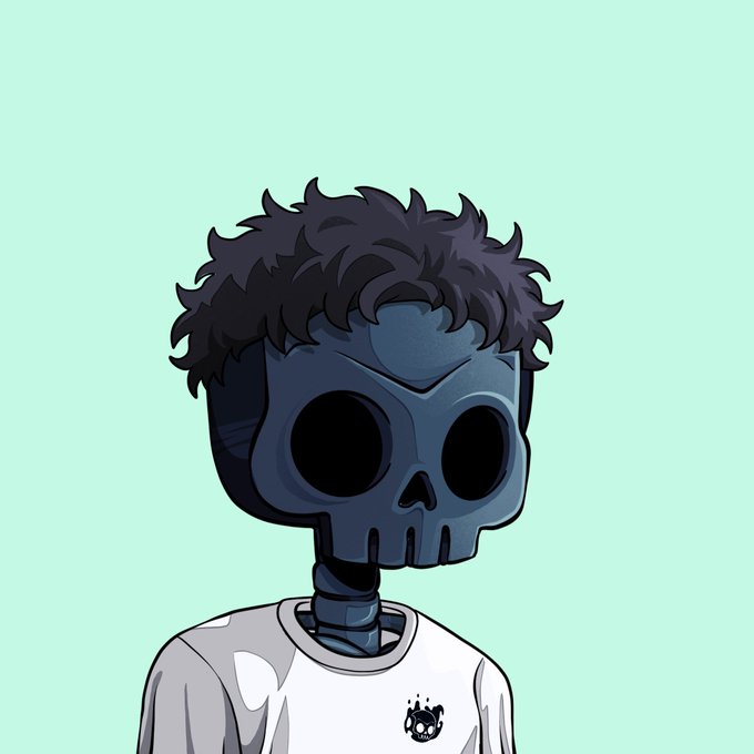 A cartoon illustration of a character with a black skull-like mask, messy dark hair, and a white t-shirt with a small logo, set against a light teal background.