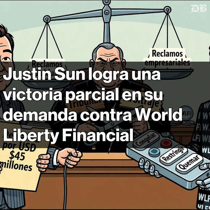 A cartoon illustration of a judge with hands wired to a control panel, with an overlay in Spanish reading 'Justin Sun logra una victoria parcial en su demanda contra World Liberty Financial'.