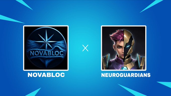 A promotional graphic showing a collaboration between 'NOVABLOC' (logo with blue wings and star) and 'NEUROGUARDIANS' (character with purple hair and gold armor), separated by an X.