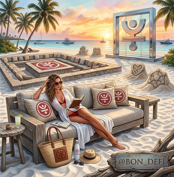 An illustrated beach scene depicting a woman in a white cover-up reading on a wooden sofa with branded pillows, with palm trees, sand sculptures, and a sunset ocean view in the background, signed '@BON_DEFI'.
