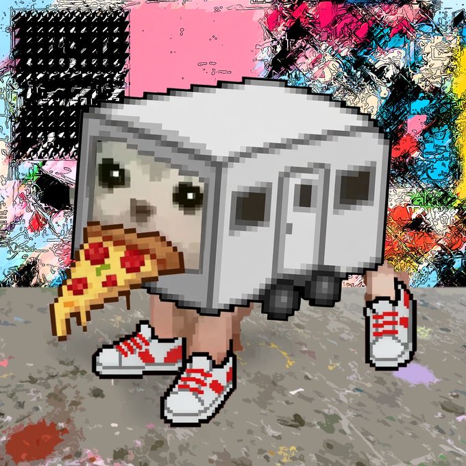 A pixel art animation style image of a dog-like character with a slice of pizza, set against a chaotic, colorful abstract background.