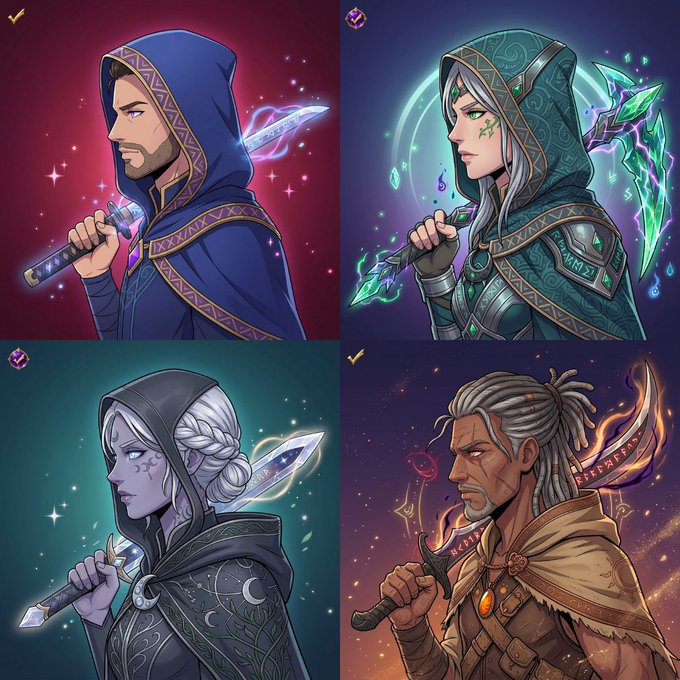 Four illustrated character portraits depict hooded fantasy figures wielding weapons - a male warrior with a dagger, a silver-haired mage with a glowing staff, a pale elf-like woman, and an older man with dreadlocks.