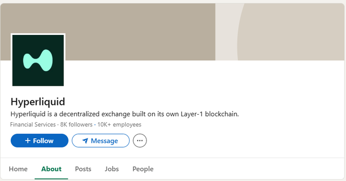 A LinkedIn profile page for Hyperliquid, described as 'a decentralized exchange built on its own Layer-1 blockchain,' in the Financial Services industry with 8K followers and 10K+ employees.