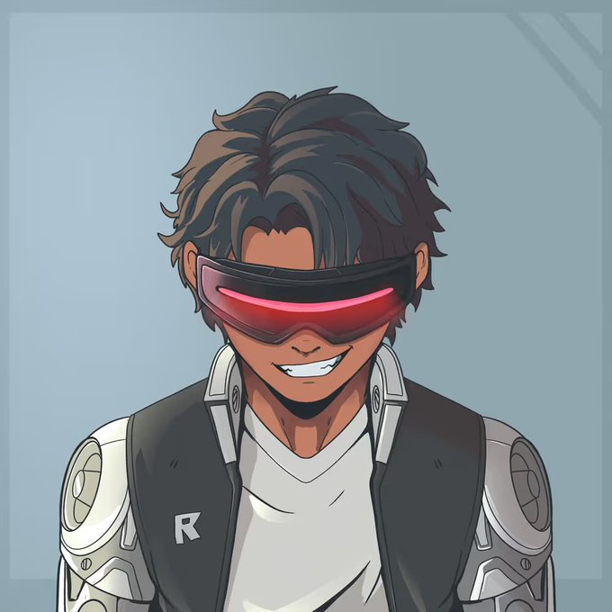 An anime-style digital illustration of a young male character wearing red visor sunglasses, a white shirt, and a black and white jacket with an 'R' logo.