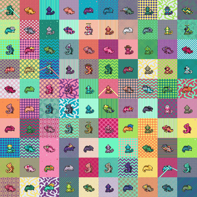 A vibrant pixel art grid featuring numerous small chameleon-like creatures arranged in colored squares with various patterns and backgrounds, displayed in a colorful mosaic layout.