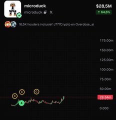 The image shows a price chart for the token $microduck, currently priced at $28.5M with a 2.84% increase, displayed on what appears to be a trading platform. The chart features the token's branding with a duck mascot and notes that 16.5K holders included "J7FG" on Overdose.ai, visually reinforcing the post's optimistic comparison of $microduck's potential to Shiba Inu's 2020 growth trajectory.