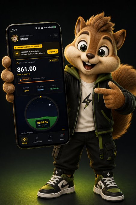 A 3D-rendered cartoon squirrel mascot in green and black streetwear holding a smartphone displaying a "BNX Points" dashboard with a 861.00 balance.