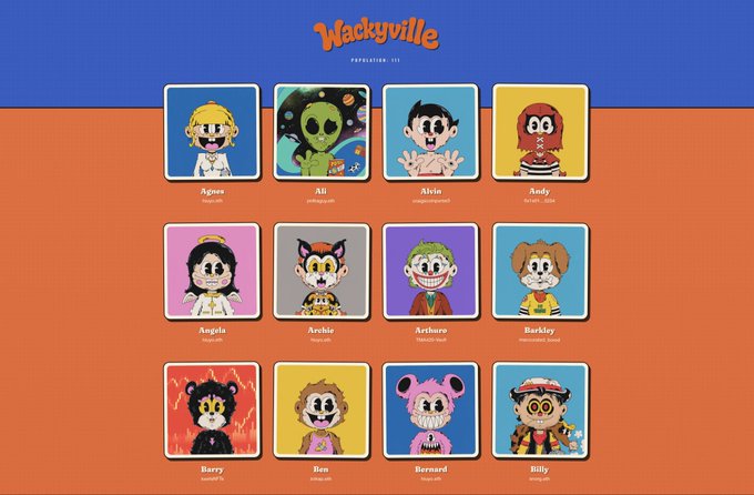 A 'Wackyville' NFT collection webpage displays 12 character portraits including Agnew, Ali, Alvin, Andy, Angela, Archie, Arthuro, Barkley, Barry, Beau, Bernard, and Billy.