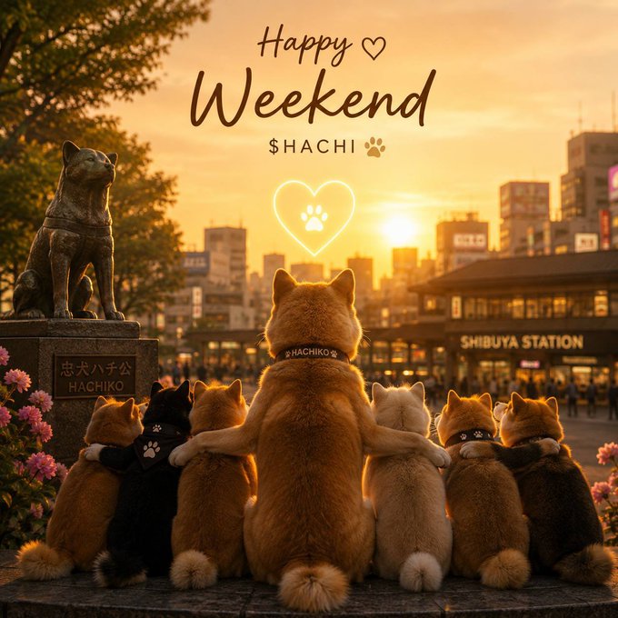 A group of Shiba Inu dogs sit together with paws around each other, gazing at the iconic Hachiko statue in front of Shibuya Station during a golden sunset, with "Happy Weekend" and "$HACHI" displayed above. The image beautifully mirrors the post's message of companionship and waiting, symbolizing that like Hachiko, these loyal friends—and the spirit of the beloved dog—stand by us through life's moments, reminding us we're never truly alone.