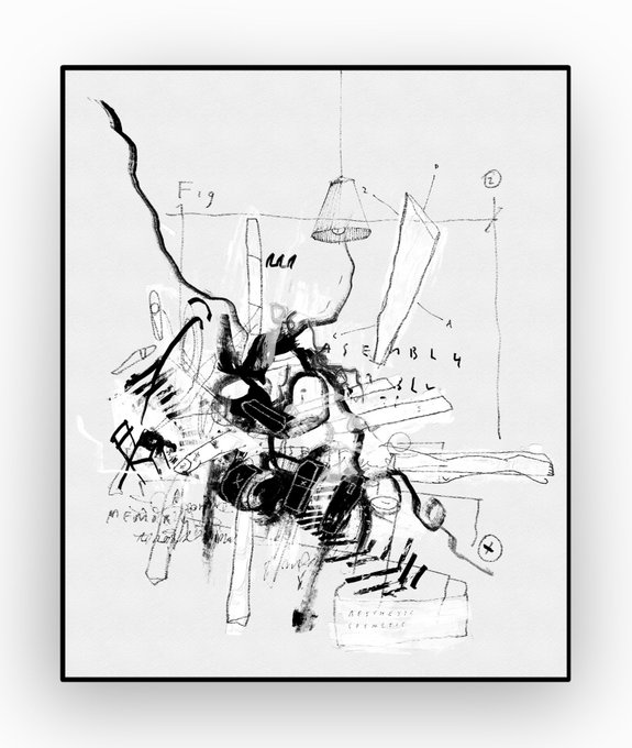 A black and white mixed-media artwork featuring sketch-like drawings, handwritten notes, and ink splatters in a framed composition with text including 'Fig' and 'ASSEMBLY'.