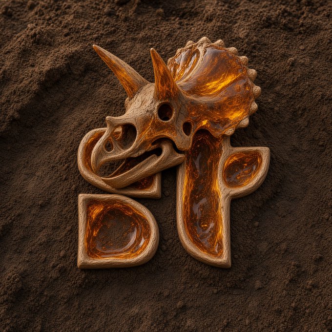 A glossy amber-colored triceratops-shaped emblem embedded in dark soil, visually evoking a prehistoric fossil or resin cast as a stylized mascot for the "dinosaurs on solana" cryptocurrency branding.