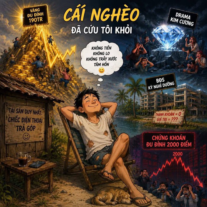 The image features a cartoon illustration of a man sitting in a chair with his head resting on his hands, surrounded by various objects such as a dog, a chair, and a building. The scene also includes text that translates into English, which reads "Cai Ngheo da cu toi khên khéo dau cu tôi khéo". This phrase is likely an explanation for the man's situation in the cartoon.