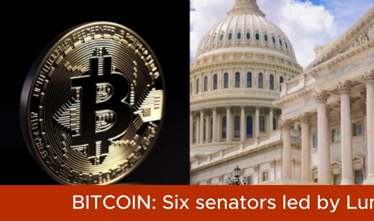 The image features two photos side by side with the text "BITCOIN:: Six senators led by Lun." The first photo shows a gold coin, while the second photo displays an image of the U.S. Capitol building. Both images are in black and white, creating a striking contrast between the traditional coin and modern digital currency.