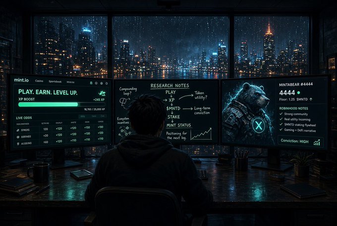 An atmospheric digital illustration of a person seated at a desk with three monitors overlooking a nighttime cityscape; the screens display financial/trading data including 'mint.io', 'PLAY. EARN. LEVEL UP.', 'XP BOOST', 'RESEARCH NOTES', 'MNTD', 'MINT STATUS', and 'MINTABEAR #4444' showing '+0.41' from 1.65 $MNTD.