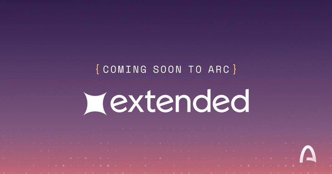 The image features a purple gradient background with the text "{ COMING SOON TO ARC }" and the "extended" logo, with the Arc logo in the bottom right corner. It visually announces Extended's upcoming integration onto the Arc network, as mentioned in the accompanying post about the perp DEX moving settlement to Arc.