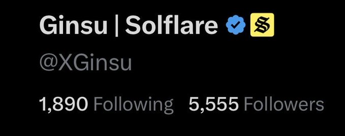 A Twitter profile header showing the user 'Ginsu | Solflare' (@XGinsu) with 1,890 Following and 5,555 Followers.